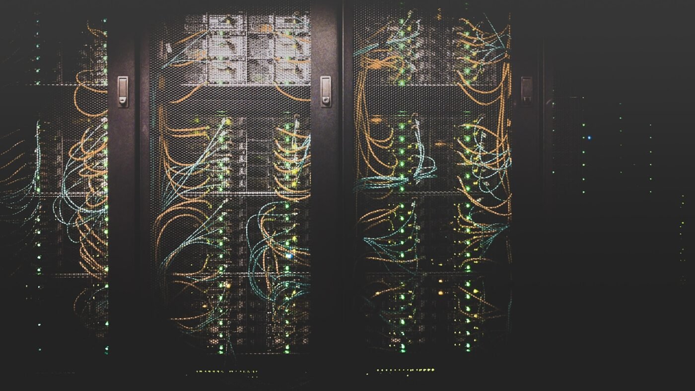 Fibre optic cabling inside data centre network racks