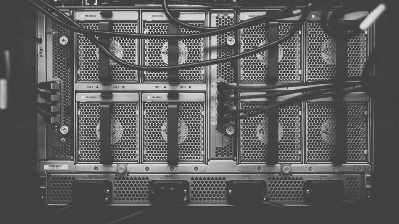 Rear of server rack with dressed cabling